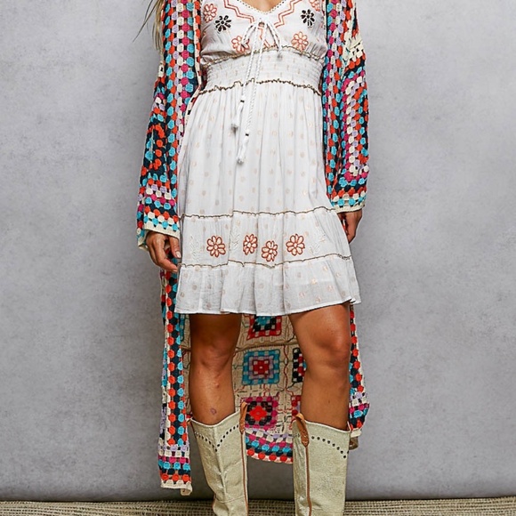 New POL Long Crochet Granny Square Duster Cardigan Boho Multicolor One Size - Picture 4 of 12